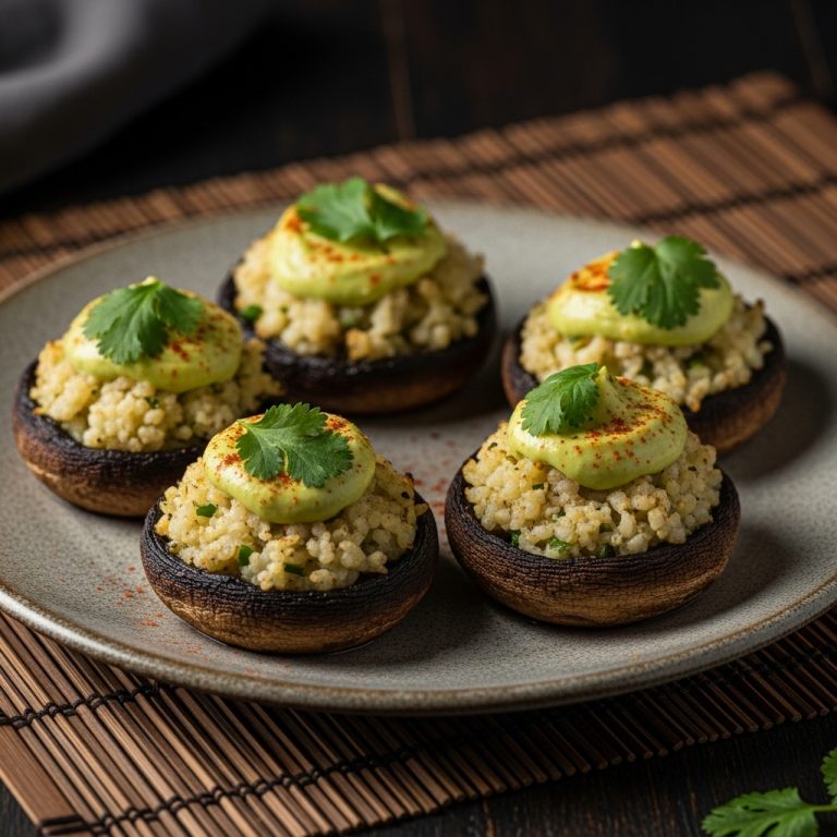 Keto Cuban Snack: Garlic Cauliflower Rice Stuffed Portobello Mushrooms with Spicy Avocado Crema