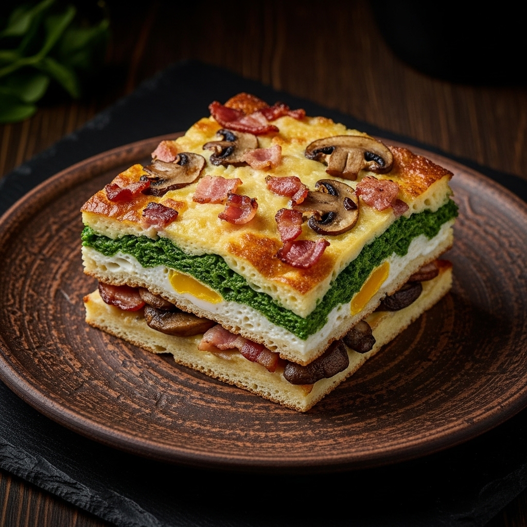 “Keto Delight: Creamy Polish Brunch Strata with Bacon, Mushrooms, and Spinach”