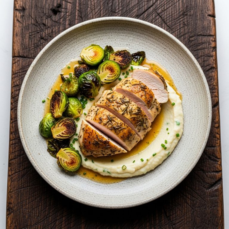 Keto Dutch Herbed Chicken with Cauliflower Mash and Roasted Brussels Sprouts