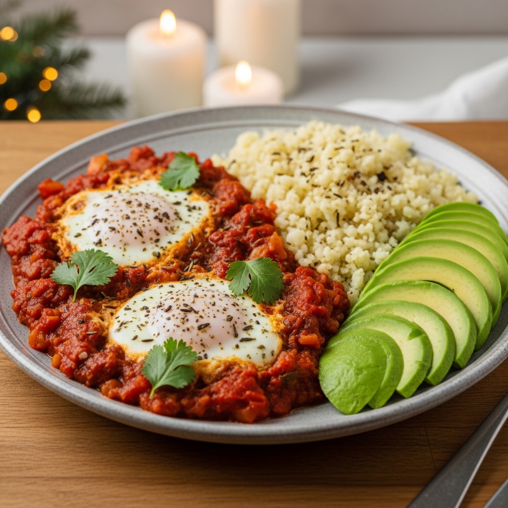 Keto Egyptian Breakfast: Spiced Shakshuka with Cauliflower Rice and Avocado