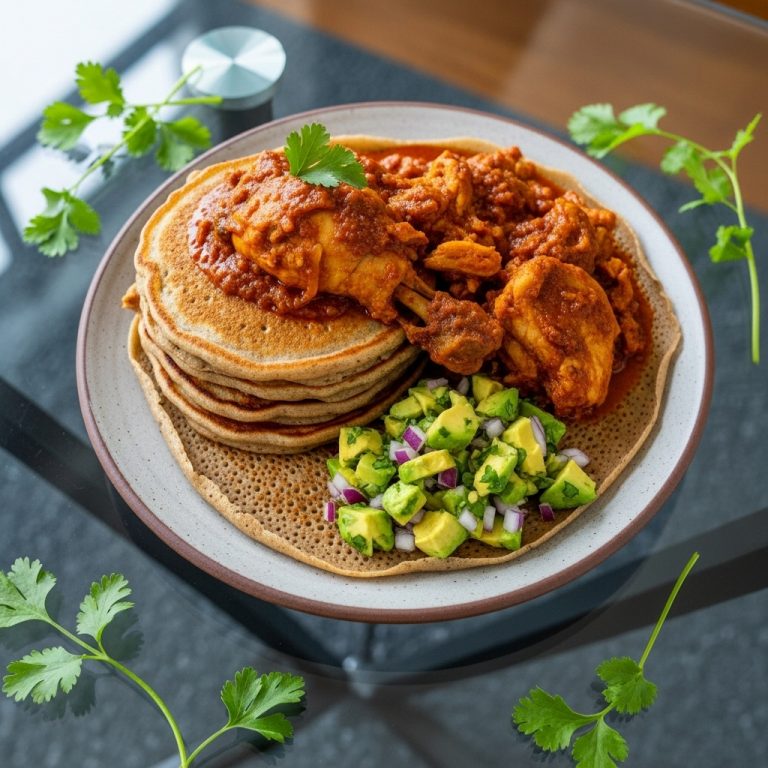 Keto Ethiopian Breakfast Feast: Injera Pancakes with Chicken Stew & Avocado Salsa