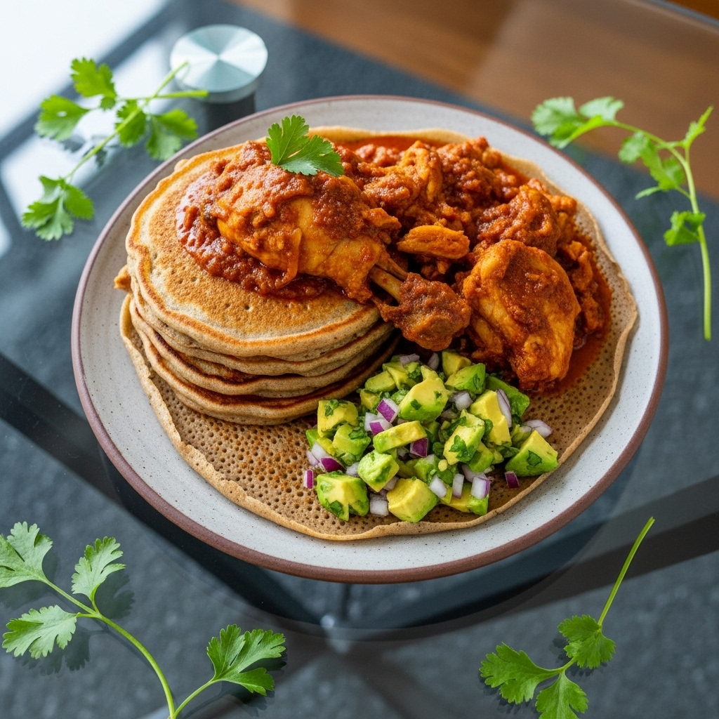 Keto Ethiopian Breakfast Feast: Injera Pancakes with Chicken Stew & Avocado Salsa