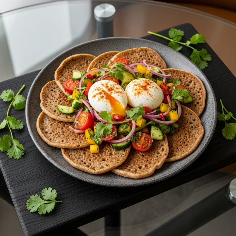 Keto Ethiopian Injera Pancakes with Spiced Vegetable Salad and Poached Eggs Recipe