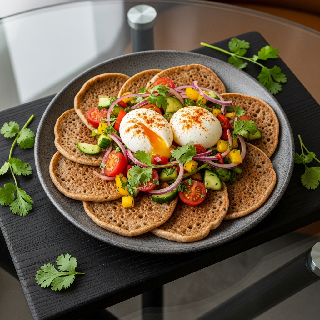 Keto Ethiopian Injera Pancakes with Spiced Vegetable Salad and Poached Eggs Recipe