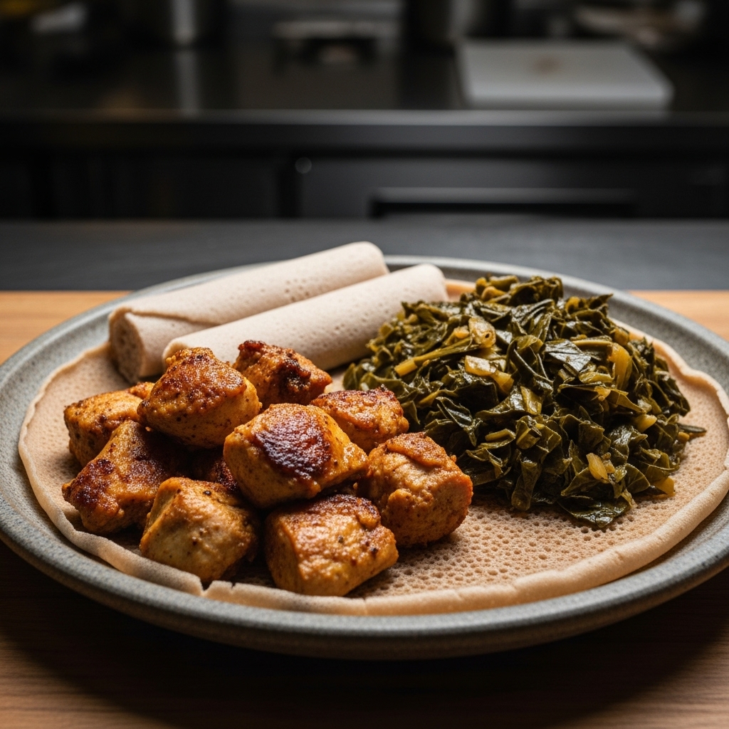 Keto Ethiopian Lunch: Miso-Marinated Chicken with Collard Greens and Injera Bread (Gluten-Free)
