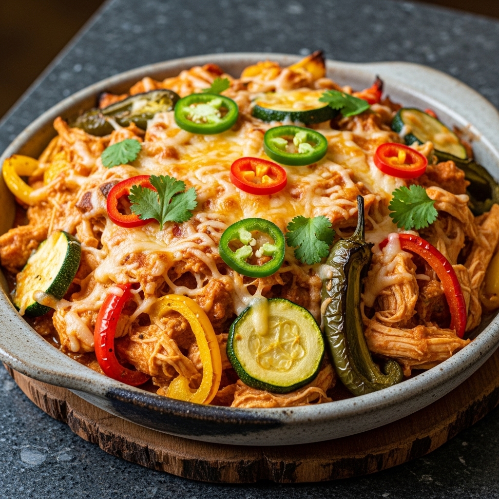 “Keto Fiesta: Creamy Chicken Enchilada Casserole with Spicy Roasted Veggies”