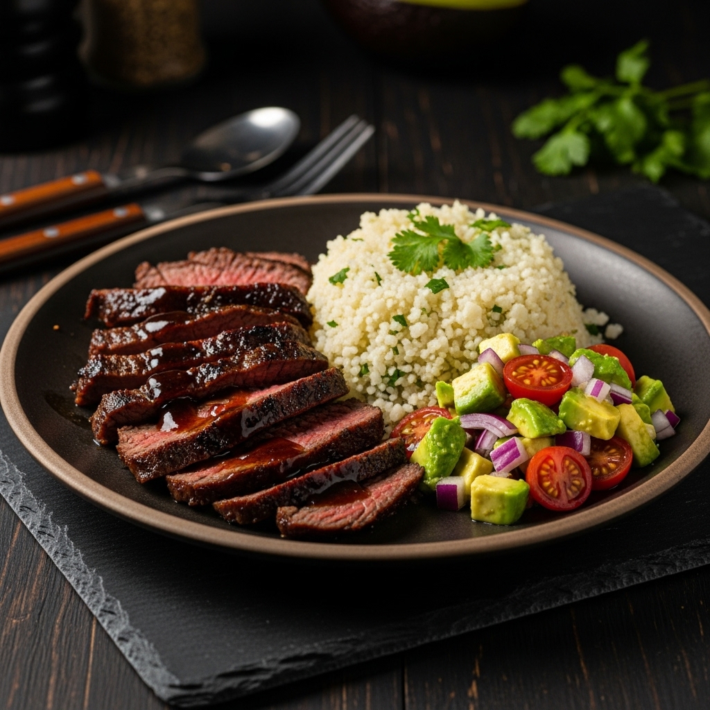 “Keto Filipino Breakfast: Savory Tapa Steak with Cauliflower Rice and Avocado Salsa”