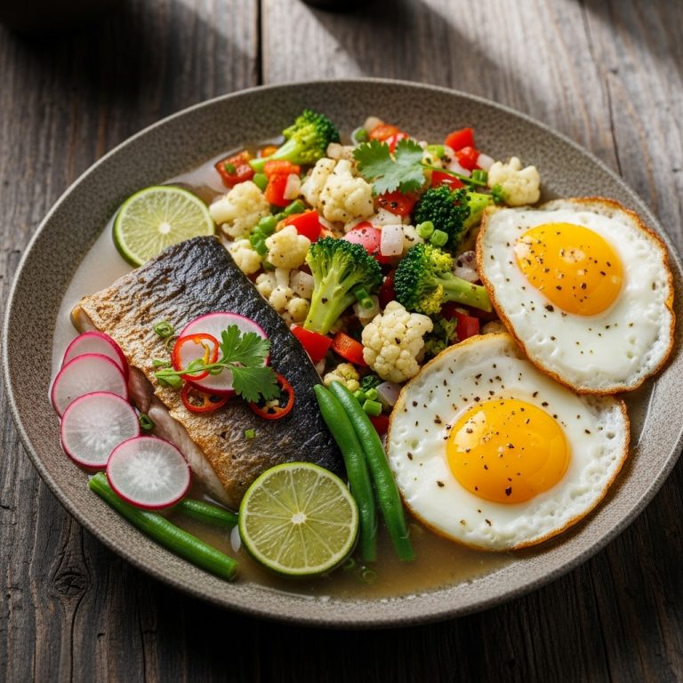 Keto Filipino Brunch: Sizzling Bangus Sinigang with Vegetable Hash and Coconut Oil Fried Eggs