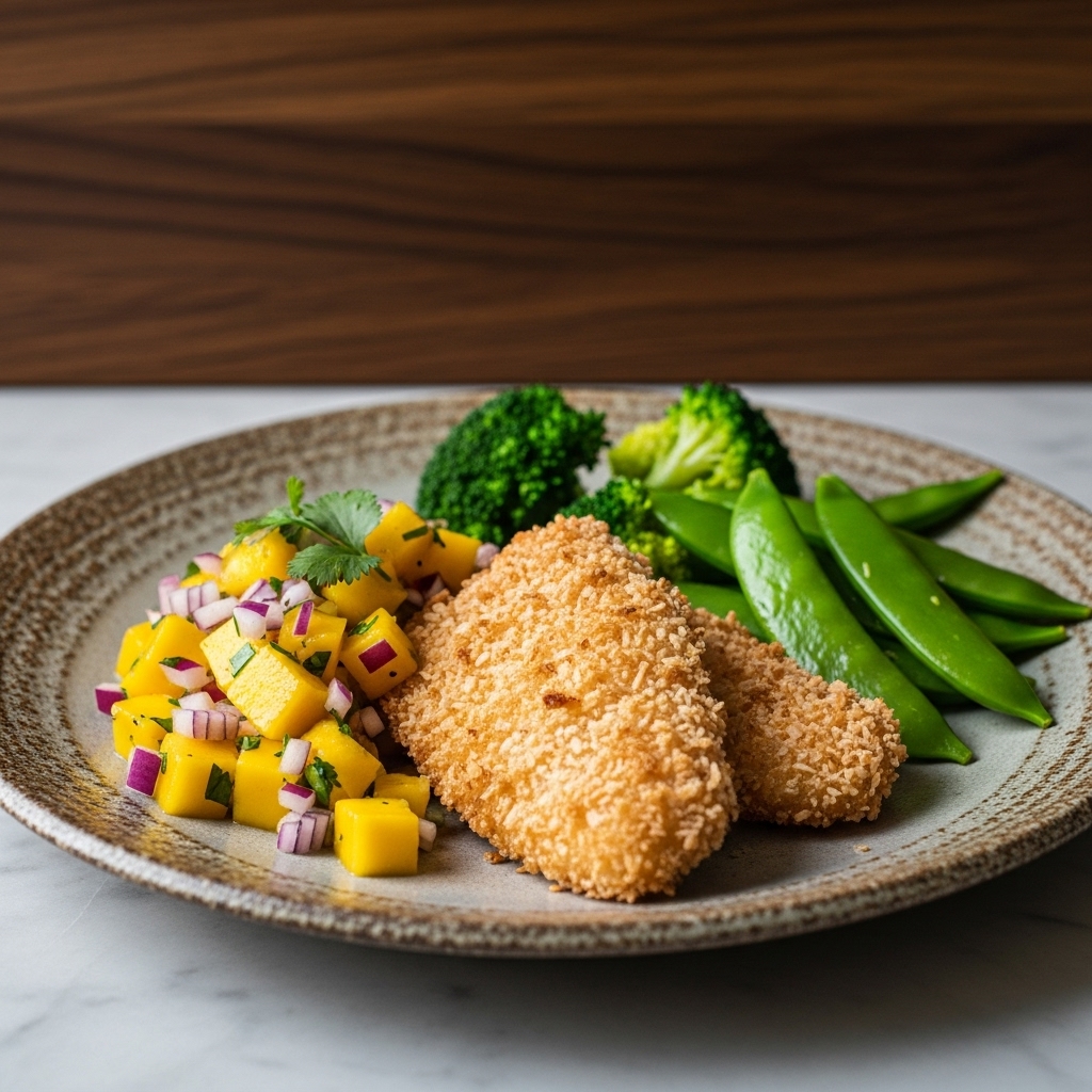 Keto Filipino Lunch: Coconut-Crusted Fried Fish with Steamed Vegetables and Mango Salsa