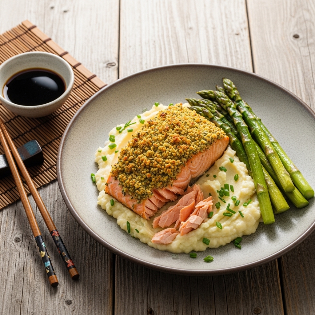 Keto French Lunch: Herb-Crusted Salmon with Asparagus and Garlic Mashed Cauliflower