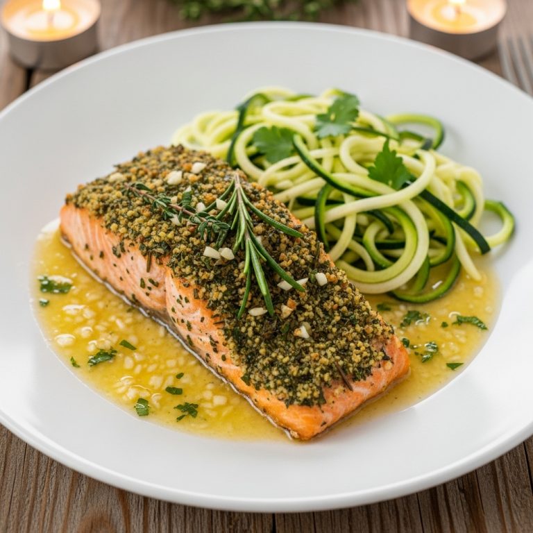 Keto French Lunch: Herb-Crusted Salmon with Garlic Butter Sauce & Zucchini Noodles