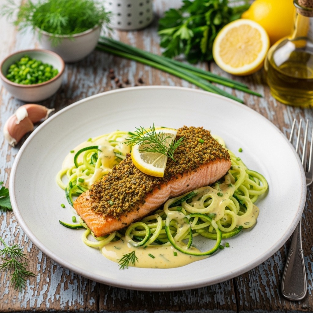 Keto French Lunch: Herb-Crusted Salmon with Zucchini Noodles & Creamy Lemon Sauce