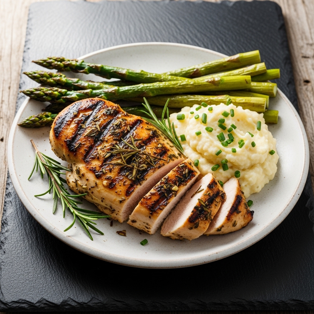 Keto-Friendly Australian Grilled Lemon Herb Chicken with Roasted Asparagus and Garlic Mashed Cauliflower