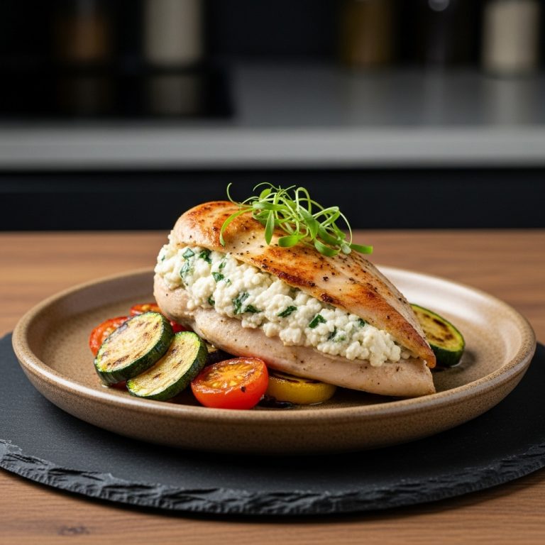 “Keto-Friendly Egyptian Feta Stuffed Chicken Breast with Roasted Vegetables and Garlic Herb Sauce”