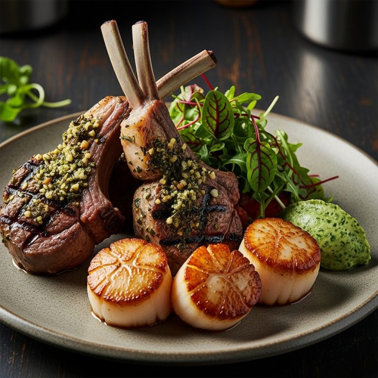 Keto-Friendly French Surf & Turf Masterpiece: Grilled Herb Crusted Lamb Chops and Seared Scallops