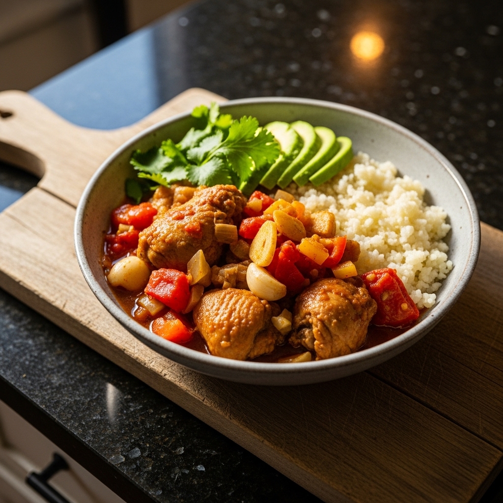 Keto-Friendly Ghanaian Chicken Stew and Cauliflower Rice Bowl