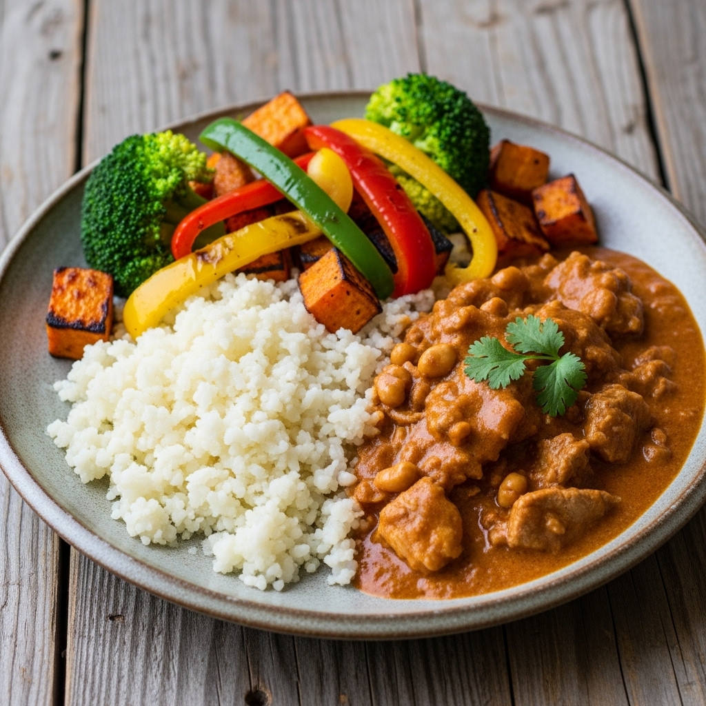 Keto-Friendly Ghanaian Peanut Stew with Cauliflower Rice and Roasted Vegetables