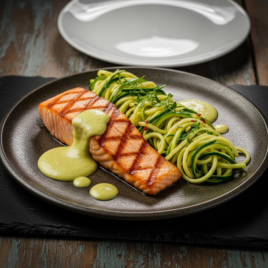 Keto-Friendly Grilled Salmon & Zucchini Noodles with Avocado Cream Sauce