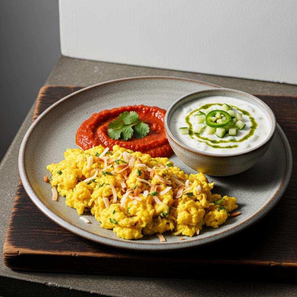 Keto-Friendly Indian Brunch: Coconut Turmeric Scrambled Eggs with Spicy Tomato Chutney & Cucumber Raita
