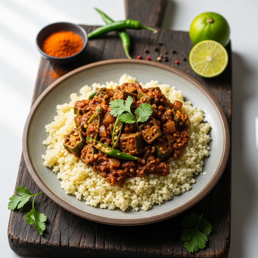 “Keto-Friendly Indian Brunch Delight: Mouthwatering Cauliflower Rice Bhuna Bhindi”