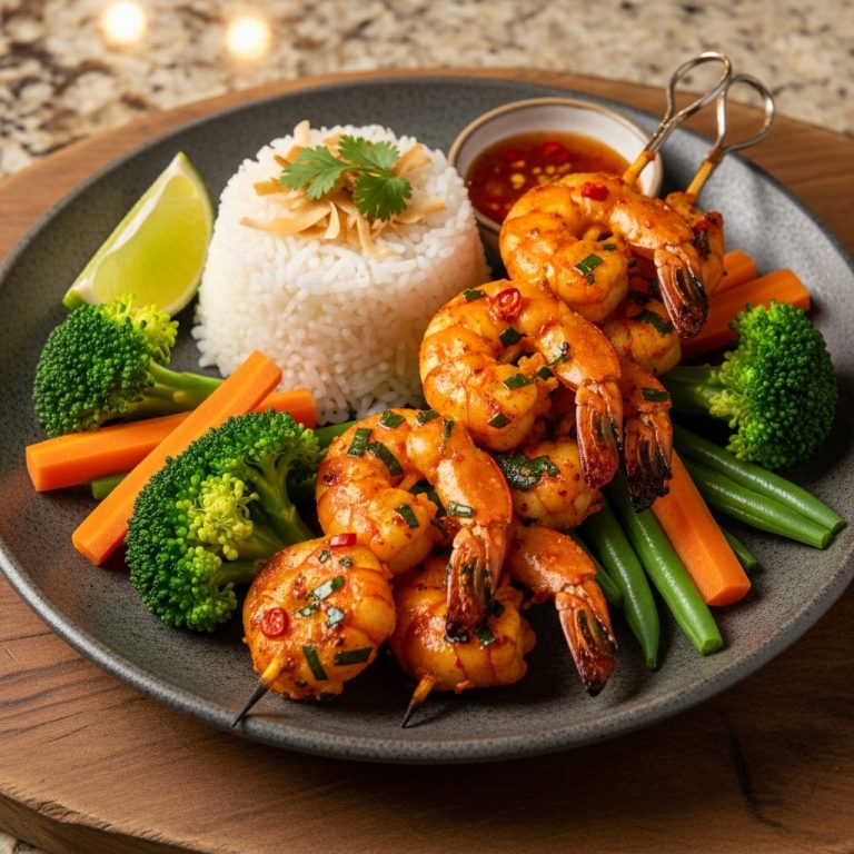 Keto-Friendly Indonesian Lunch: Spicy Shrimp Skewers with Coconut Rice and Steamed Vegetables