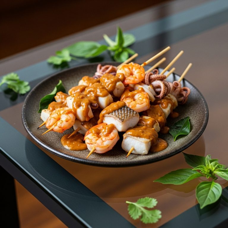 “Keto-Friendly Indonesian Seafood Skewers with Spicy Peanut Sauce”
