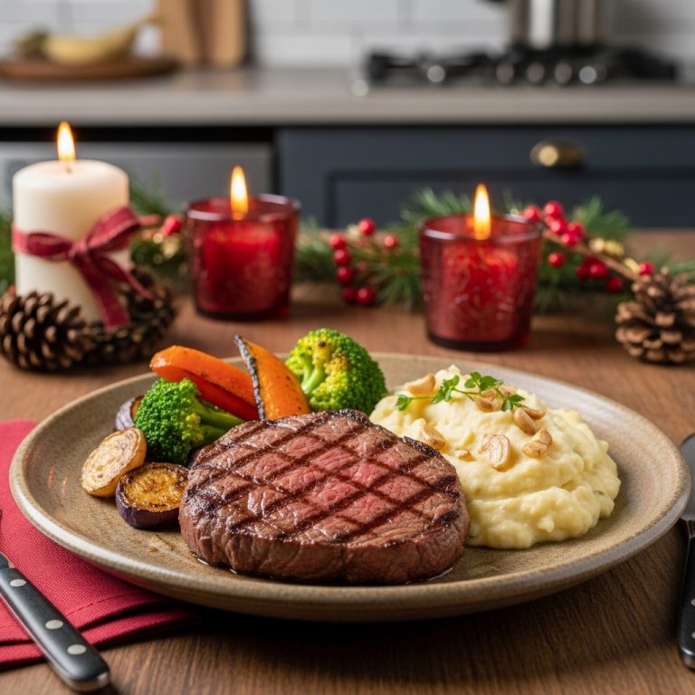 Keto-Friendly Irish Lunch: Grilled Rare Sirloin Steak with Roasted Vegetables & Creamy Garlic Mashed Cauliflower