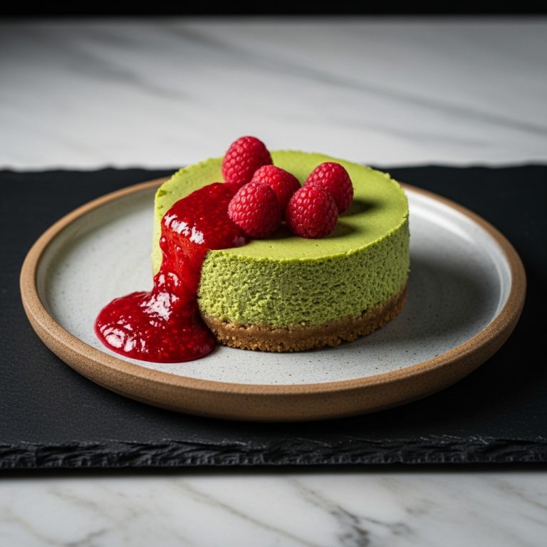 Keto-Friendly Japanese Matcha Cheesecake with Raspberry Coulis