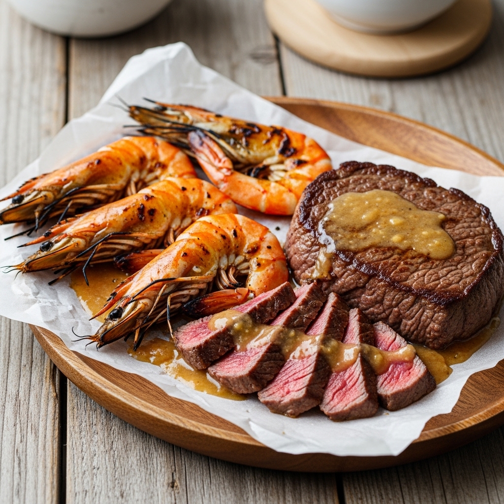 Keto-Friendly Japanese Surf & Turf: Succulent Steak and Grilled Prawns in Umami Miso Butter Sauce