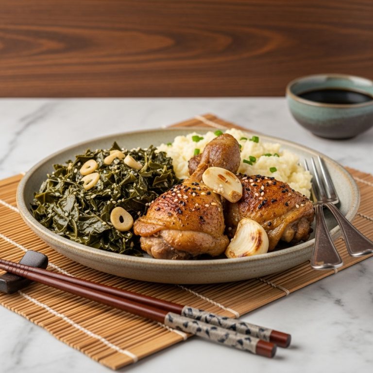 Keto-Friendly Kenyan Dinner: Succulent Roasted Chicken Thighs with Creamy Garlic Collard Greens and Mashed Cauliflower
