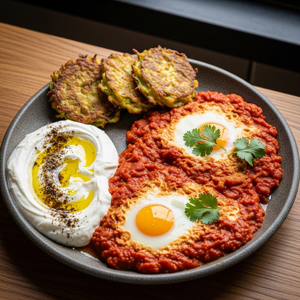 Keto-Friendly Lebanese Breakfast Platter: Spicy Shakshuka, Labneh, and Zucchini Fritters