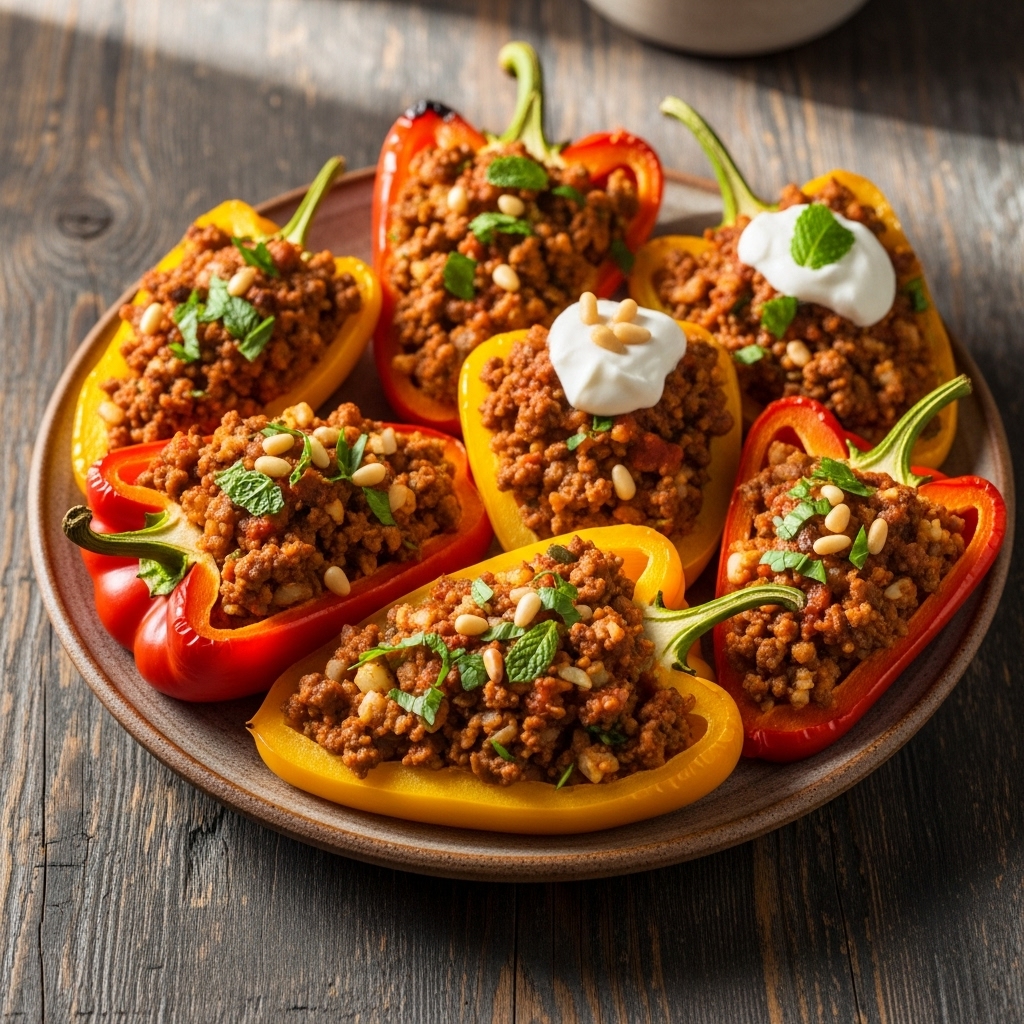 Keto-Friendly Lebanese Stuffed Bell Peppers with Spiced Minced Meat and Cauliflower Rice