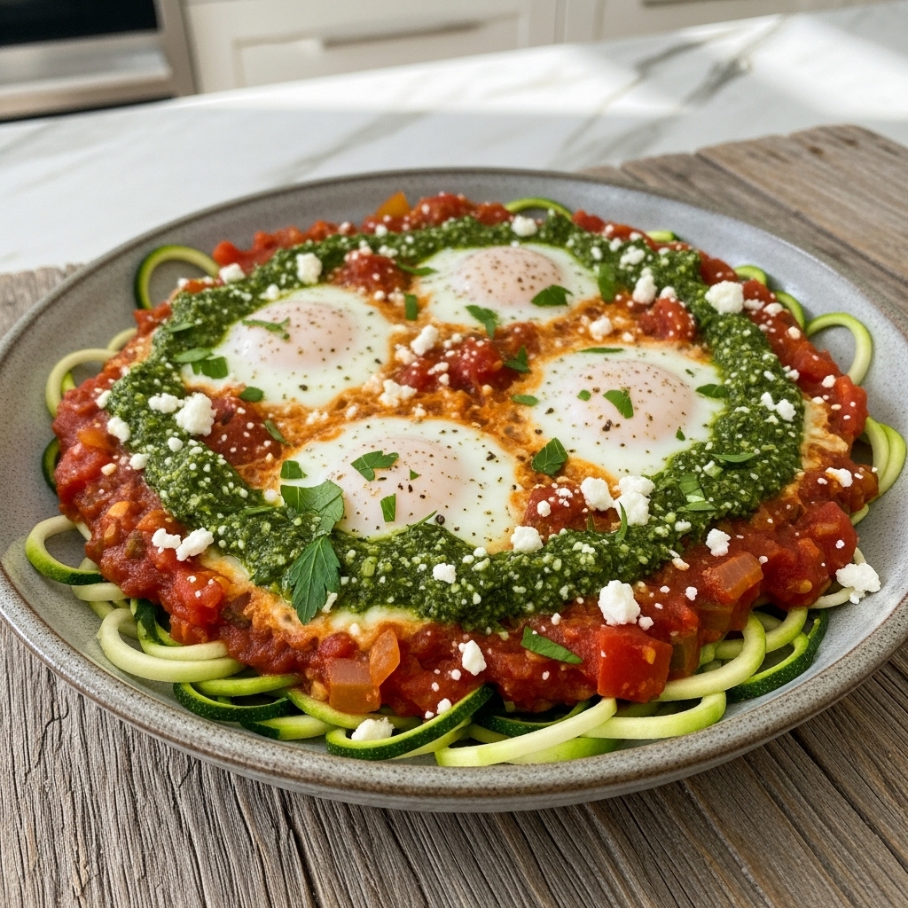 Keto-Friendly Lebanese Zucchini Noodle Shakshuka with Kale Pesto