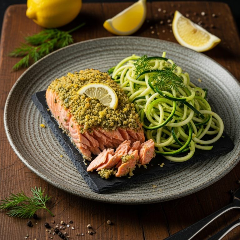 Keto-Friendly Lemon Herb Crusted Salmon with Zucchini Noodles