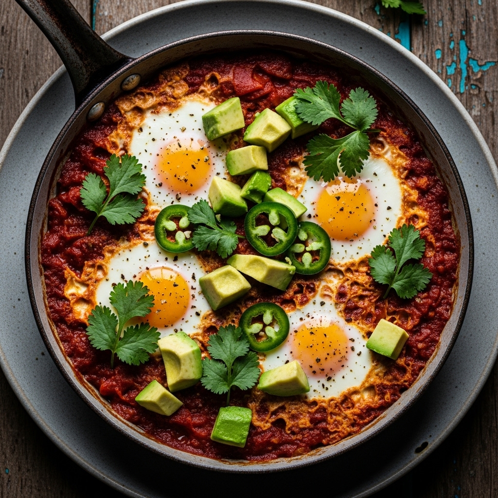 Keto-Friendly Mexican Shakshuka Breakfast Skillet – Spicy Tomato Avocado Delight