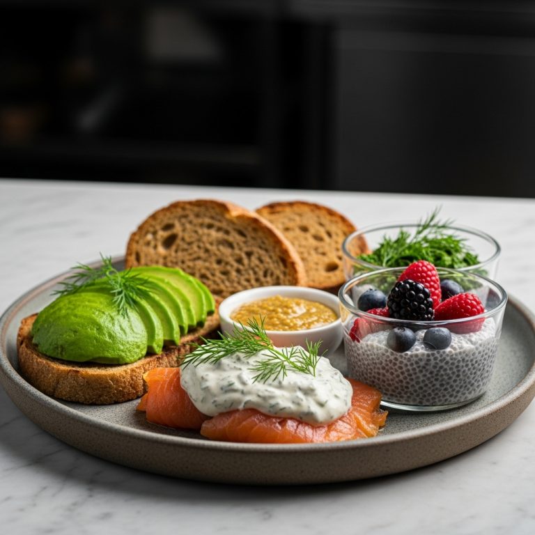 Keto-Friendly Nordic Breakfast Feast: Lox, Creamy Dill Mustard Sauce, Avocado Toasts & Berry Chia Pudding