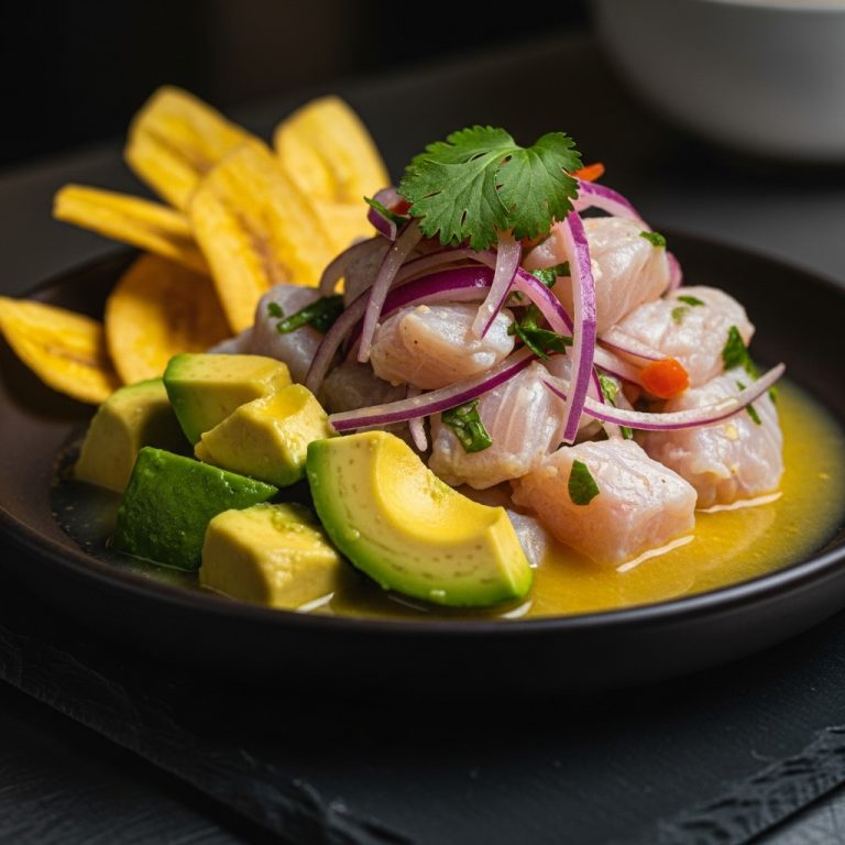 “Keto-Friendly Peruvian Ceviche with Avocado and Crispy Plantains”