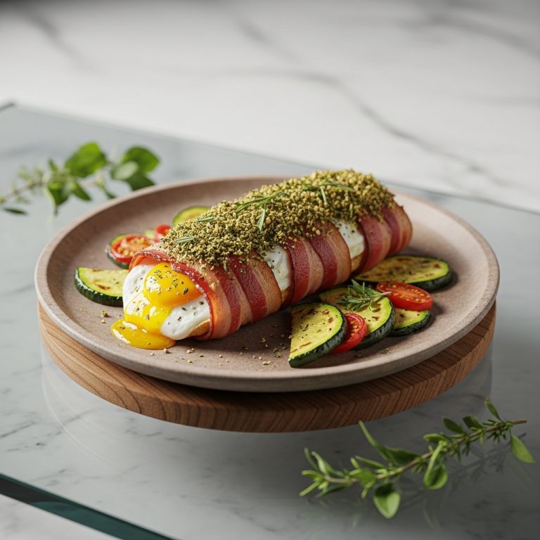 “Keto-Friendly Southern US Breakfast: Savory Herb Crust Bacon-Wrapped Roasted Vegetables & Eggs”