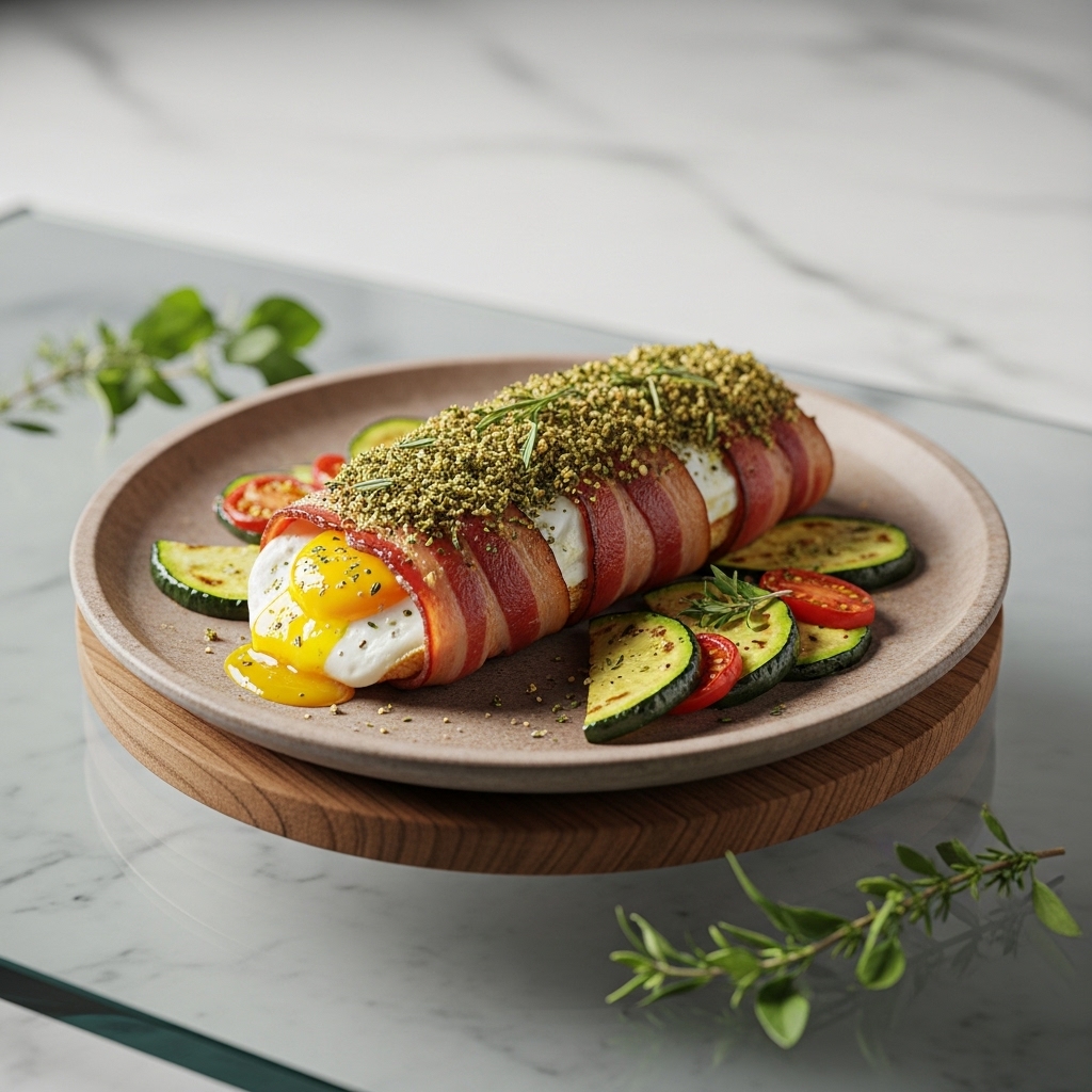 “Keto-Friendly Southern US Breakfast: Savory Herb Crust Bacon-Wrapped Roasted Vegetables & Eggs”