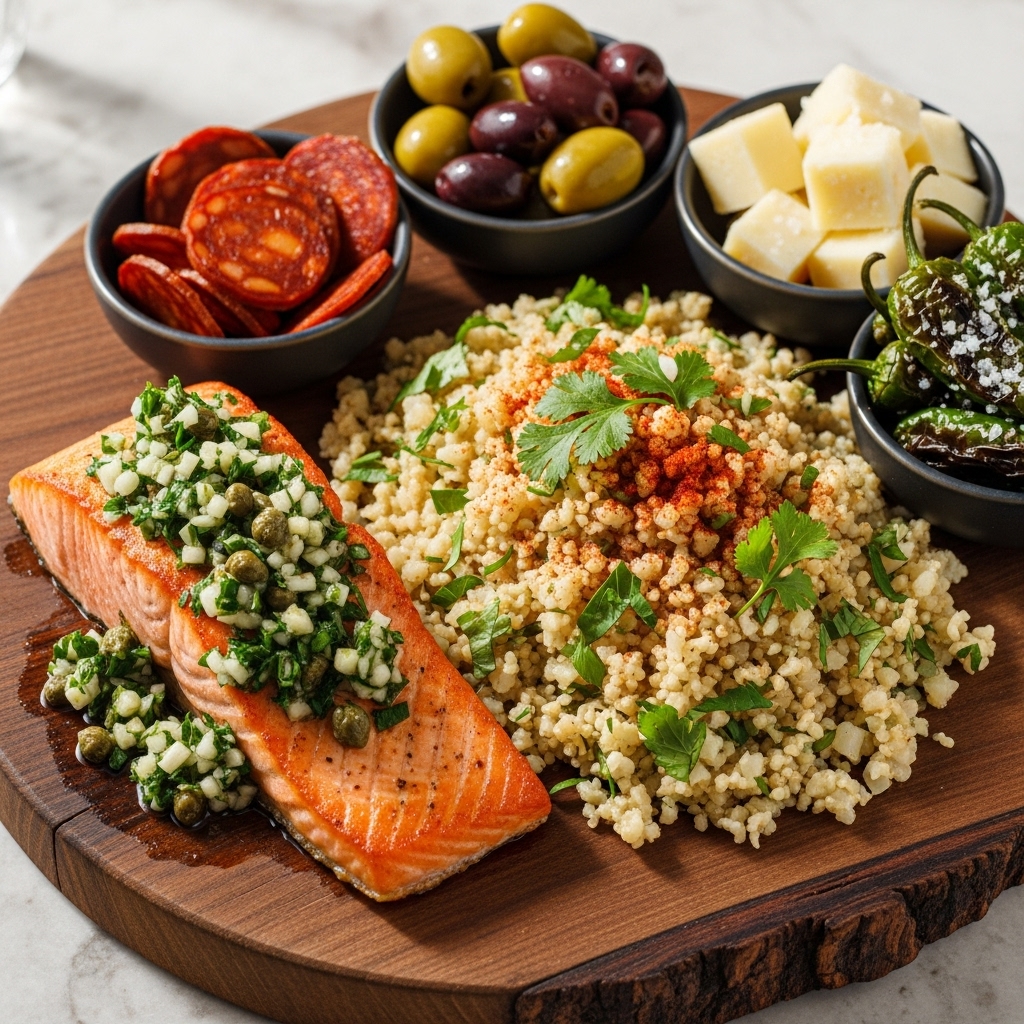 Keto-Friendly Spanish Tapas Platter with Seared Salmon and Garlic Herb Cauliflower Rice