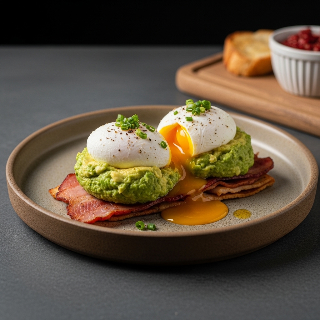 Keto-Friendly Turkish Brunch Delight: Avocado Stuffed Poached Eggs on Spiced Turkey Bacon with Aromatic Herb Sauce