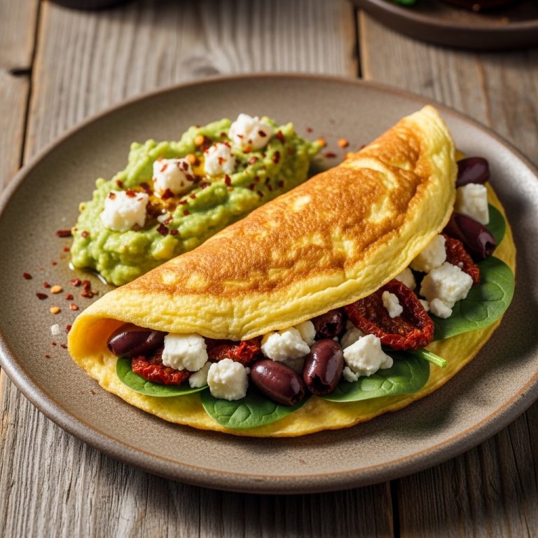 Greek Keto Breakfast Omelette with Avocado, Feta & Spinach