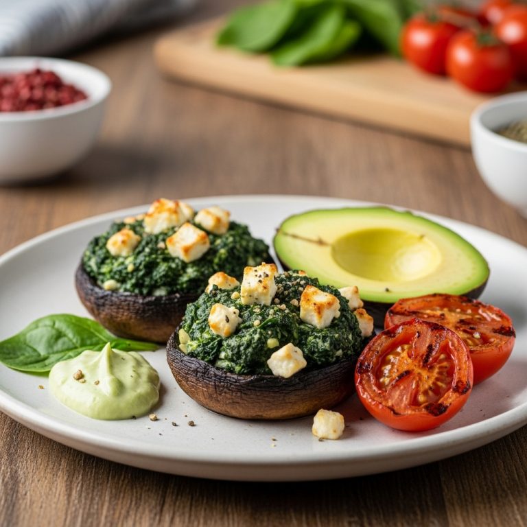 Keto Greek Brunch: Spinach and Feta Stuffed Portobello Mushrooms with Avocado Crema and Grilled Tomatoes