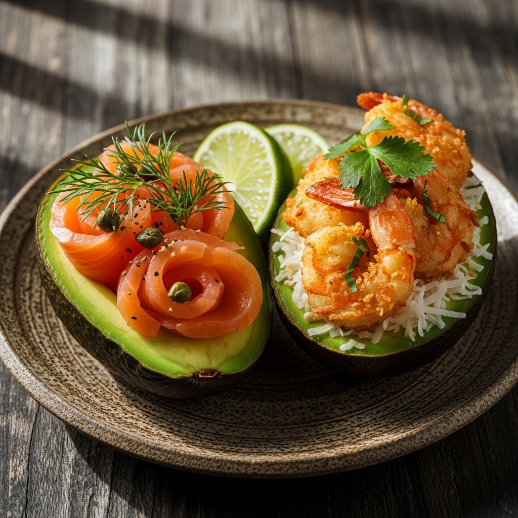 Keto Hawaiian Breakfast Oasis: Tropical Avocado Boats with Smoked Salmon & Coconut Shrimp