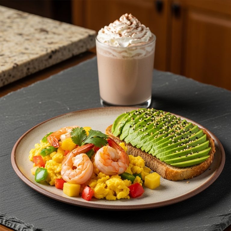 Keto Hawaiian Brunch: Tropical Shrimp Scramble with Avocado Toast and Coconut Mocha Smoothie