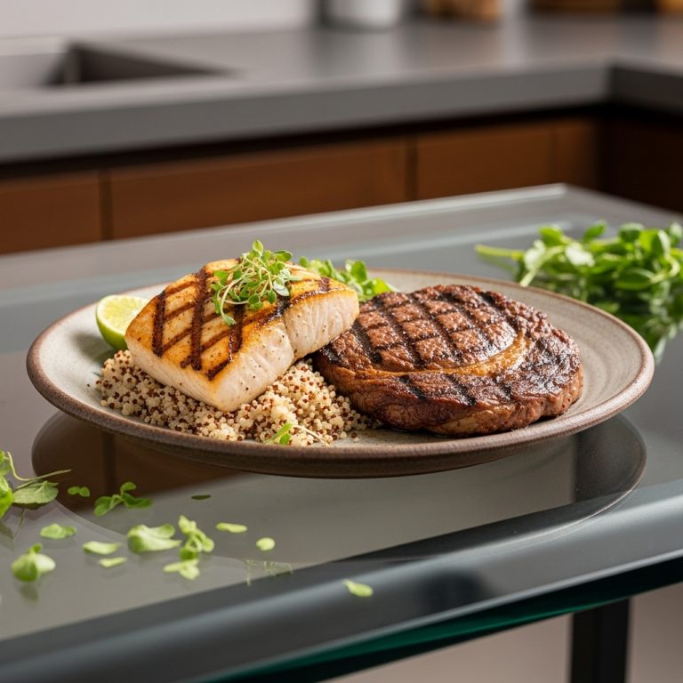 Keto Hawaiian Surf & Turf: Grilled Mahi-Mahi and Ribeye Steak with Coconut Lime Quinoa