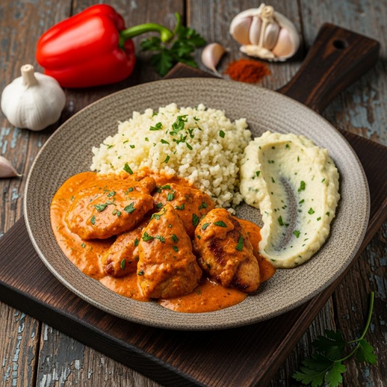 Keto Hungarian Chicken Paprika with Cauliflower Rice and Garlic Herb Mashed Cauliflower