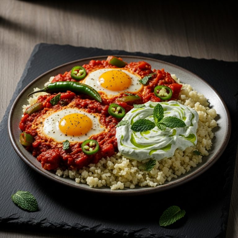 Keto Indian Breakfast: Spicy Shakshuka with Cauliflower Rice and Mint-Yogurt Sauce