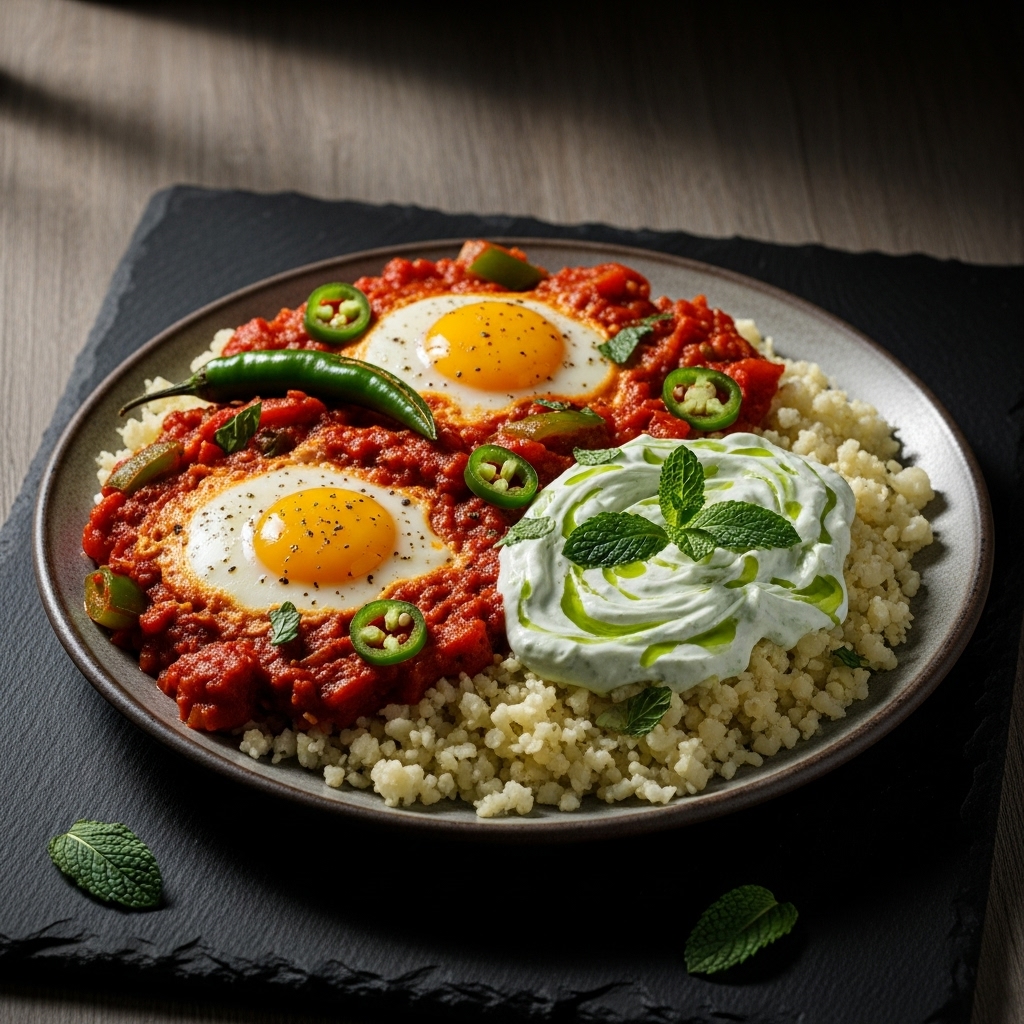 Keto Indian Breakfast: Spicy Shakshuka with Cauliflower Rice and Mint-Yogurt Sauce