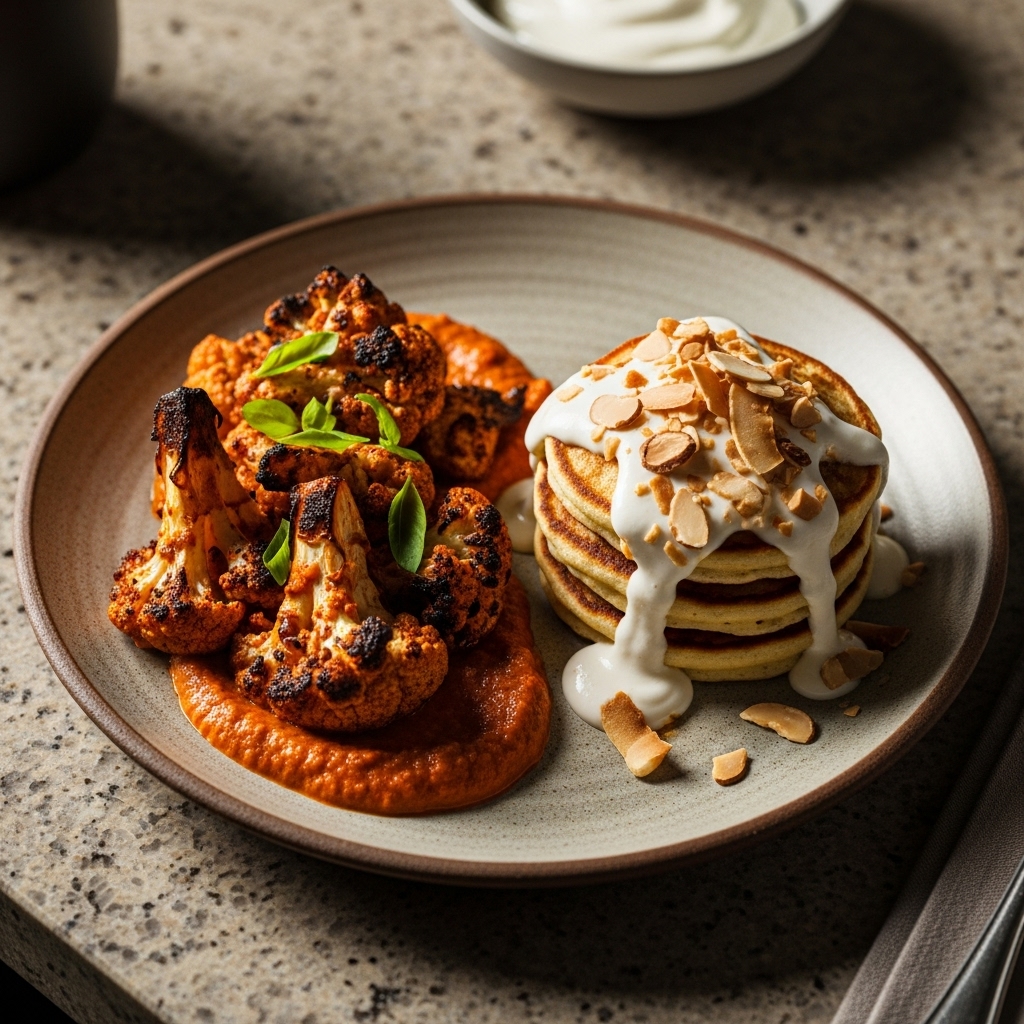 Keto Indian Brunch Delight: Cauliflower Tikka Bhaji & Coconut-Almond Pancakes